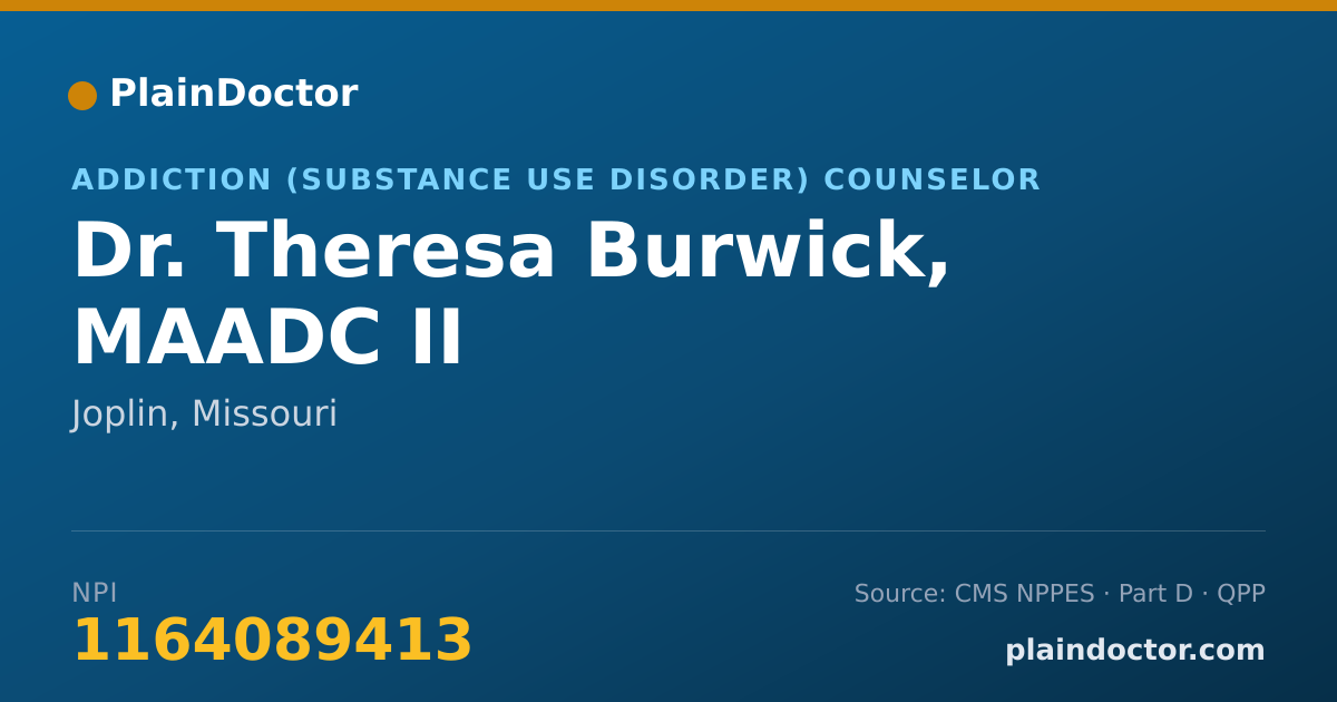 Shareable card for Theresa Burwick, MAADC II - Addiction (Substance Use Disorder) Counselor, Joplin, MO