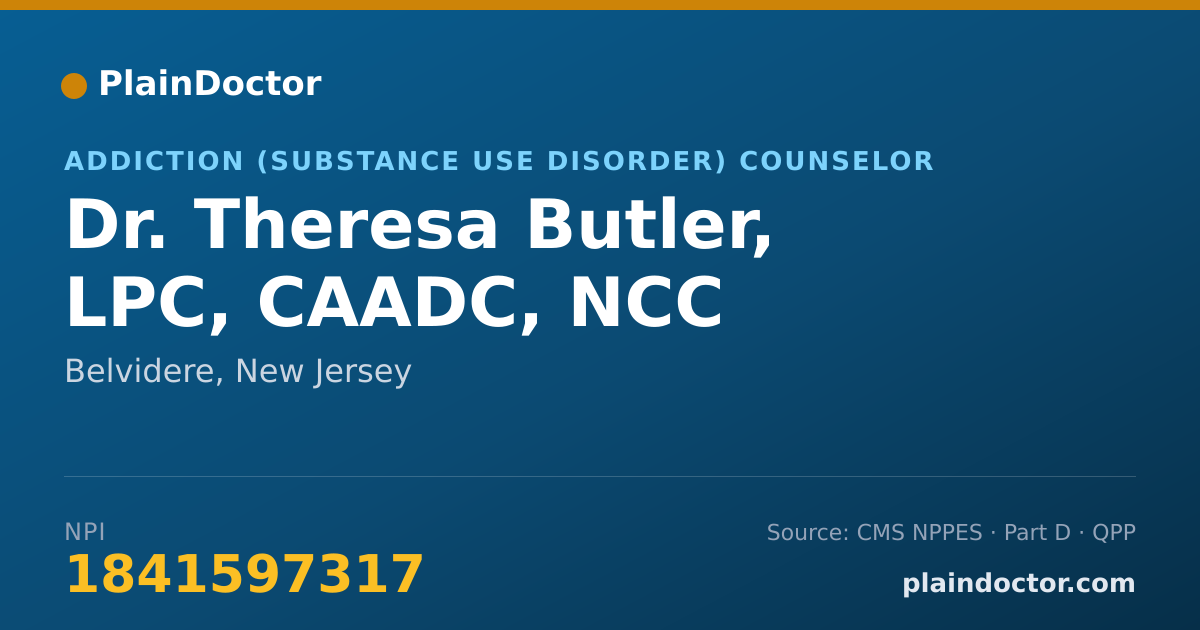 Shareable card for Theresa Butler, LPC, CAADC, NCC - Addiction (Substance Use Disorder) Counselor, Belvidere, NJ