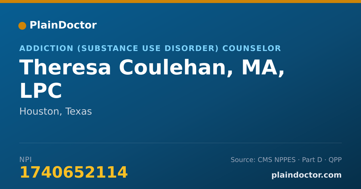 Shareable card for Theresa Coulehan, MA, LPC - Addiction (Substance Use Disorder) Counselor, Houston, TX