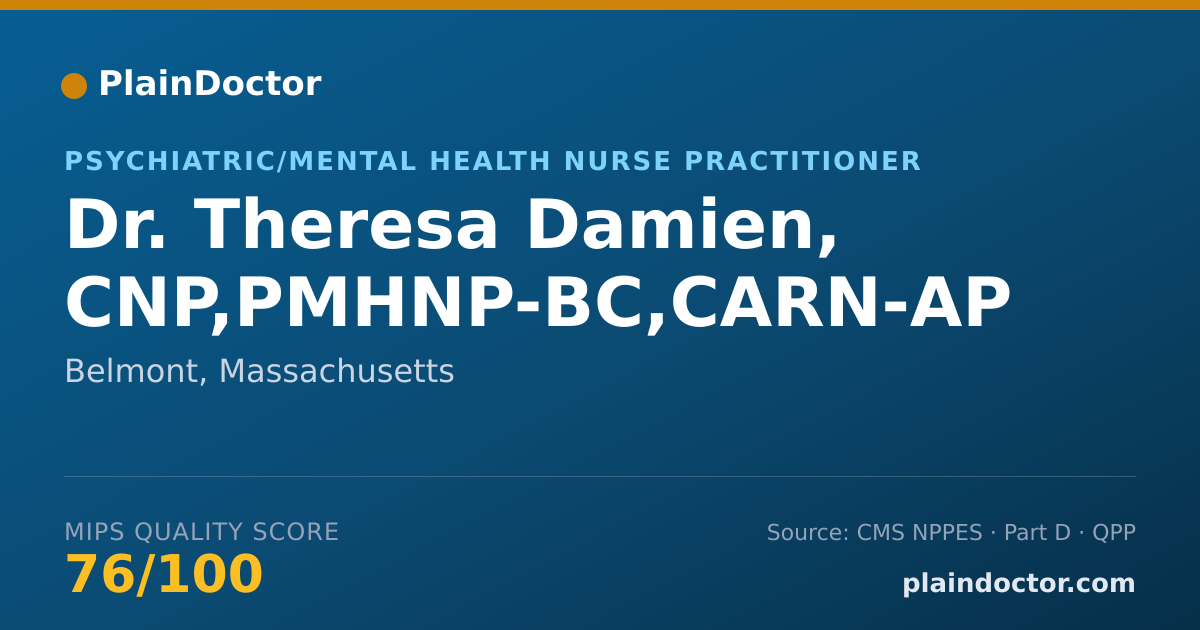 Shareable card for Theresa Damien, CNP,PMHNP-BC,CARN-AP - Psychiatric/Mental Health Nurse Practitioner, Belmont, MA