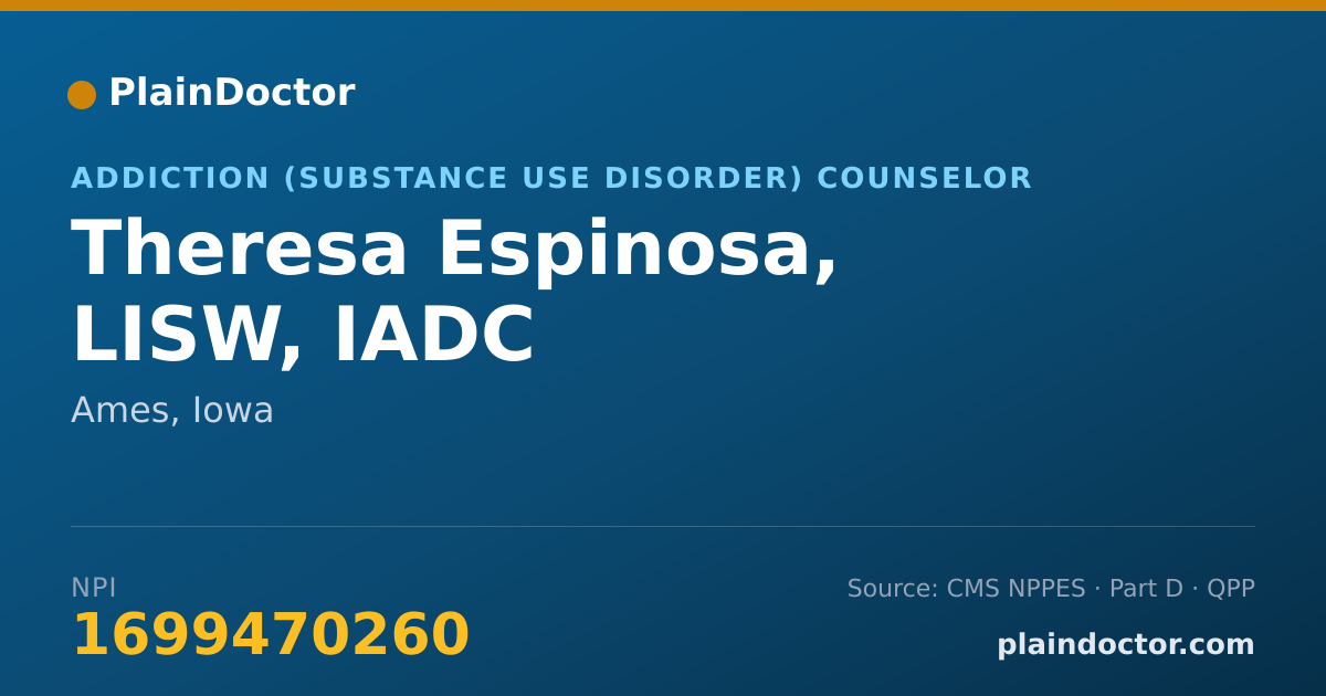 Shareable card for Theresa Espinosa, LISW, IADC - Addiction (Substance Use Disorder) Counselor, Ames, IA