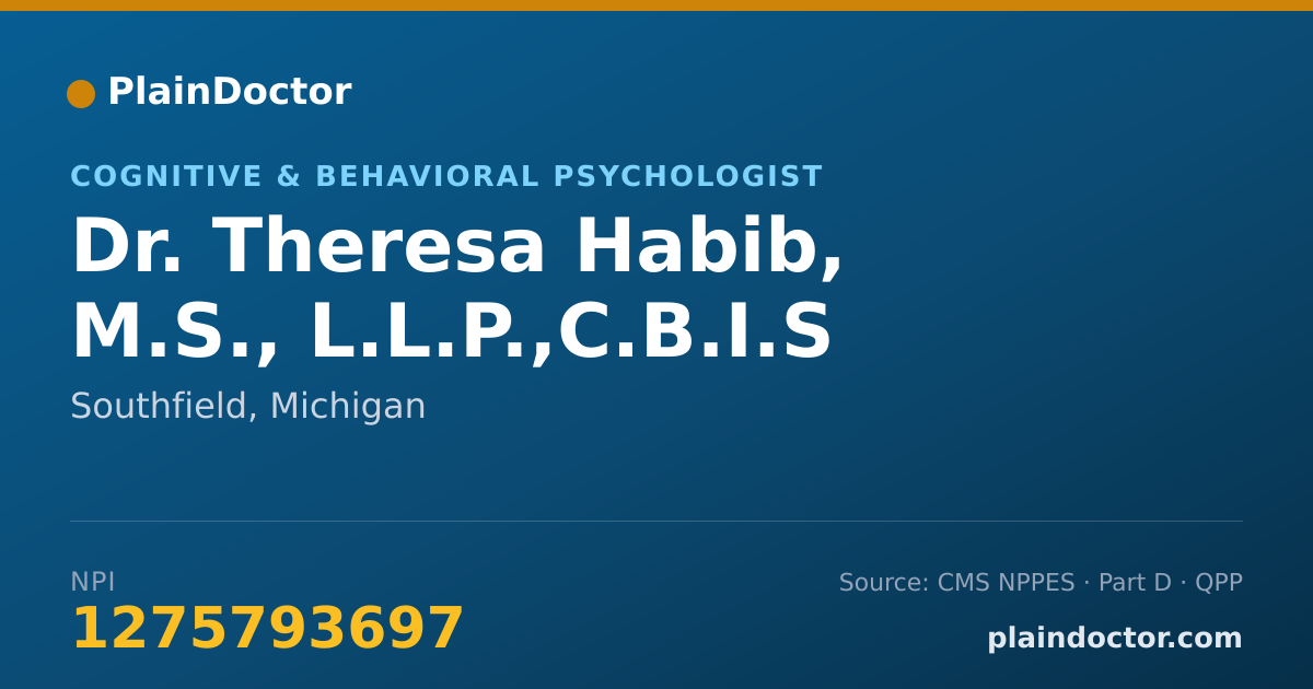 Shareable card for Theresa Habib, M.S., L.L.P.,C.B.I.S - Cognitive & Behavioral Psychologist, Southfield, MI