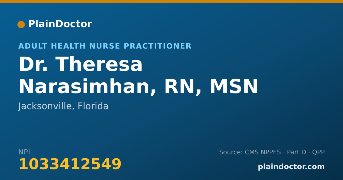 Shareable card for Theresa Narasimhan, RN, MSN - Adult Health Nurse Practitioner, Jacksonville, FL