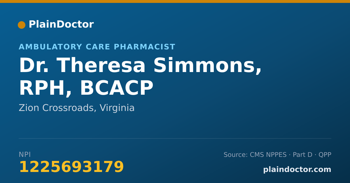 Shareable card for Theresa Simmons, RPH, BCACP - Ambulatory Care Pharmacist, Zion Crossroads, VA