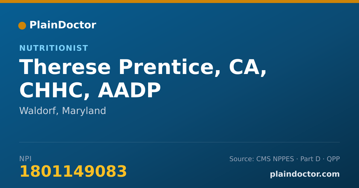 Shareable card for Therese Prentice, CA, CHHC, AADP - Health & Wellness Coach, Waldorf, MD