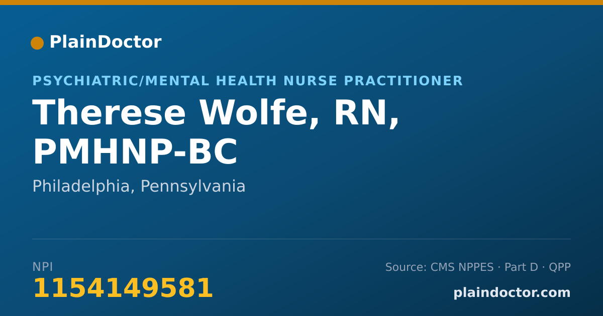 Shareable card for Therese Wolfe, RN, PMHNP-BC - Psychiatric/Mental Health Nurse Practitioner, Philadelphia, PA