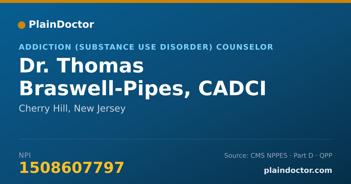 Shareable card for Thomas Braswell-Pipes, CADCI - Addiction (Substance Use Disorder) Counselor, Cherry Hill, NJ