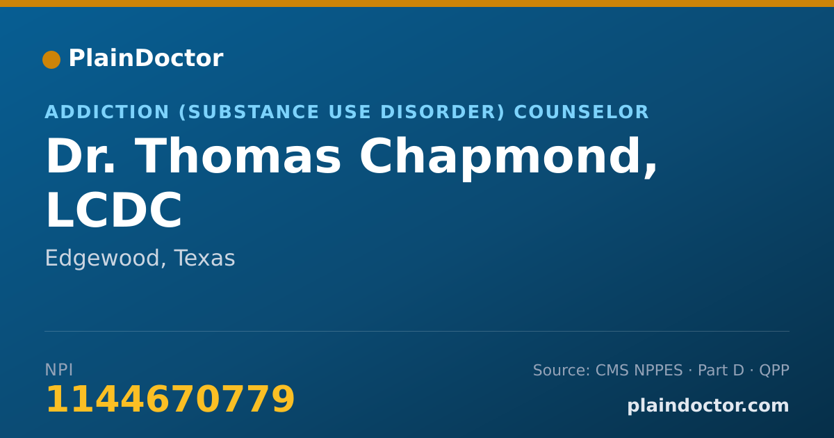 Shareable card for Thomas Chapmond, LCDC - Addiction (Substance Use Disorder) Counselor, Edgewood, TX