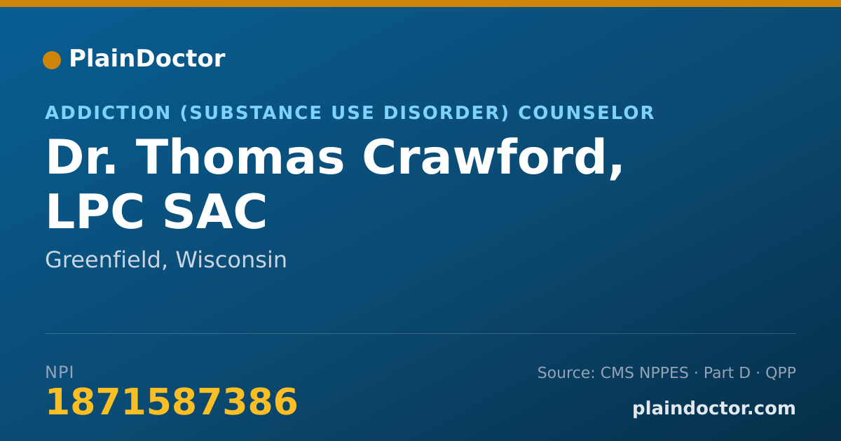 Shareable card for Thomas Crawford, LPC SAC - Addiction (Substance Use Disorder) Counselor, Greenfield, WI