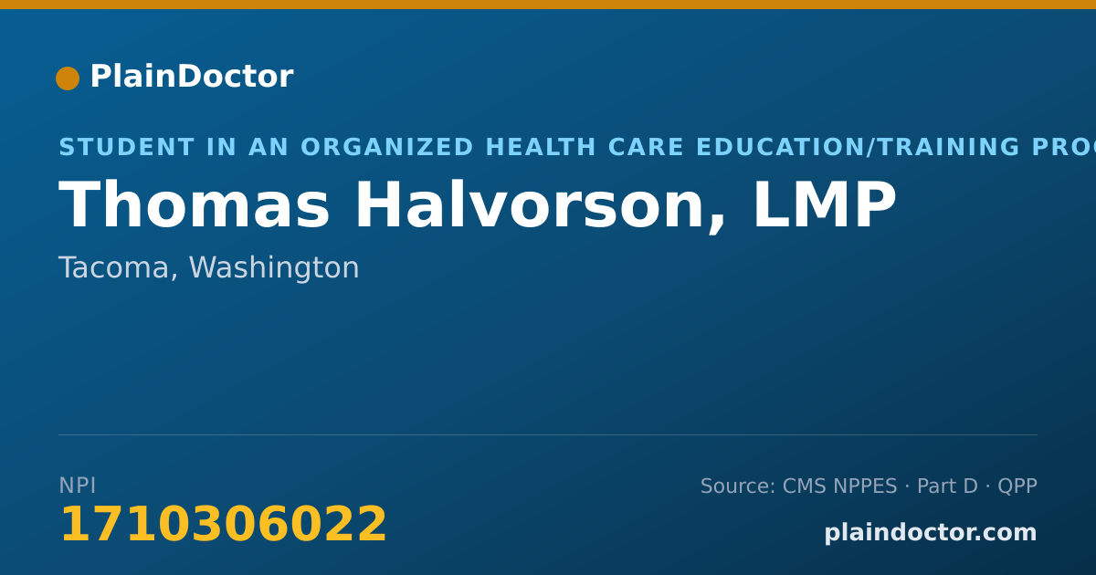 Shareable card for Thomas Halvorson, LMP - Student in an Organized Health Care Education/Training Program, Tacoma, WA