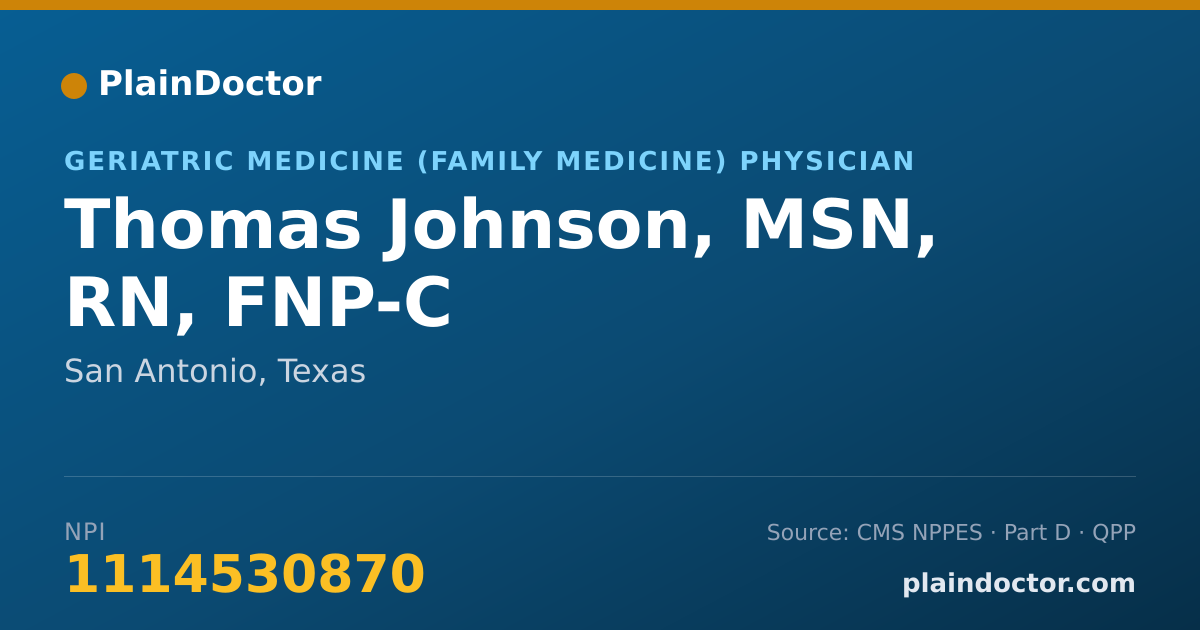 Shareable card for Thomas Johnson, MSN, RN, FNP-C - Geriatric Medicine (Family Medicine) Physician, San Antonio, TX