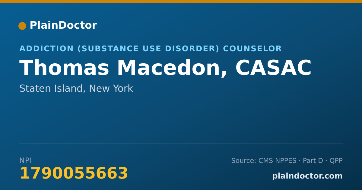 Shareable card for Thomas Macedon, CASAC - Addiction (Substance Use Disorder) Counselor, Staten Island, NY