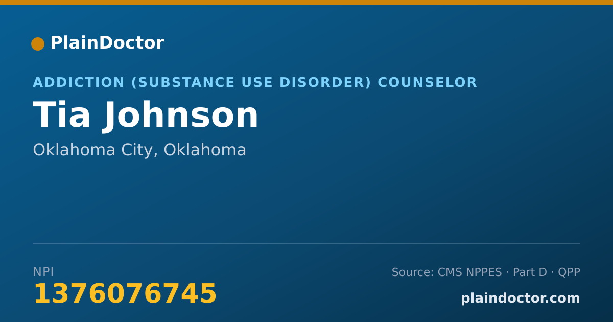 Shareable card for Tia Johnson - Addiction (Substance Use Disorder) Counselor, Oklahoma City, OK