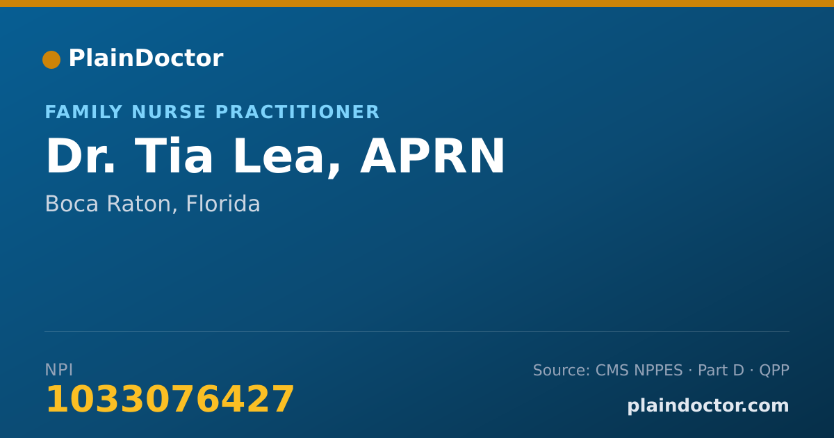 Shareable card for Tia Lea, APRN - Family Nurse Practitioner, Boca Raton, FL