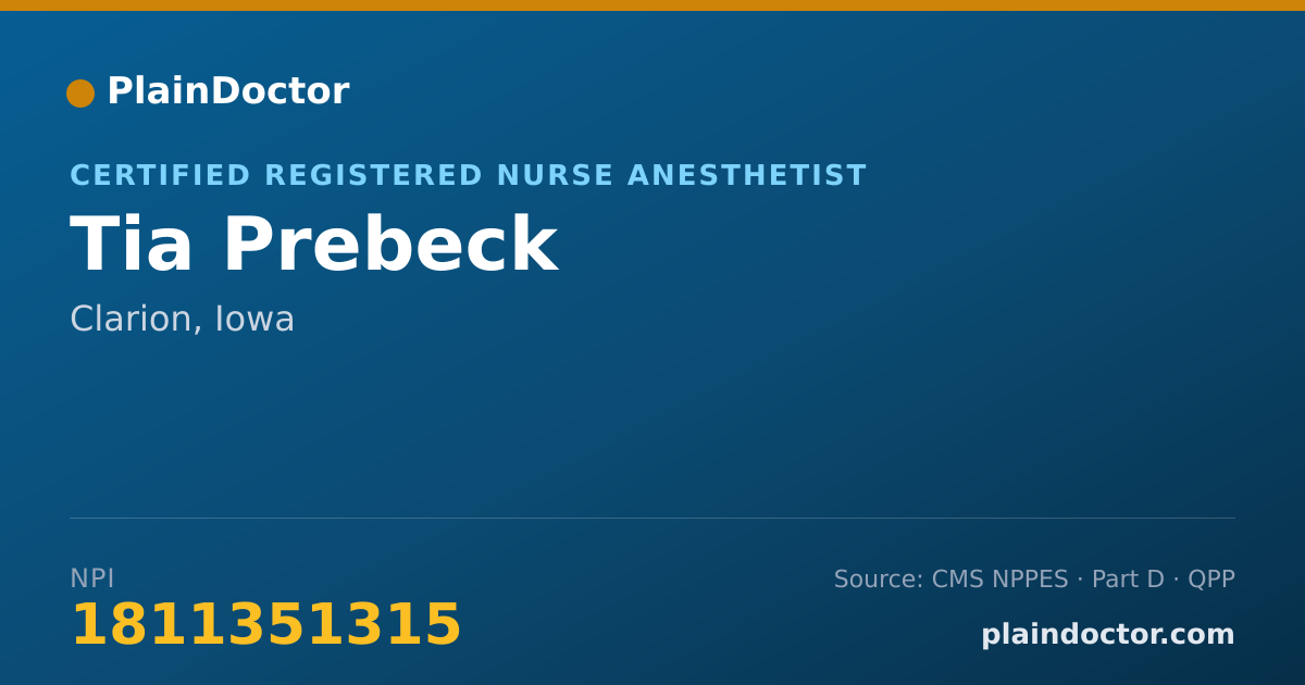 Shareable card for Tia Prebeck - Certified Registered Nurse Anesthetist, Clarion, IA