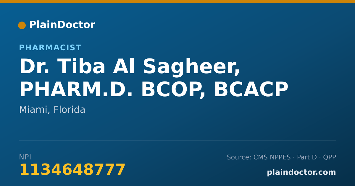 Shareable card for Tiba Al Sagheer, PHARM.D. BCOP, BCACP - Pharmacist, Miami, FL