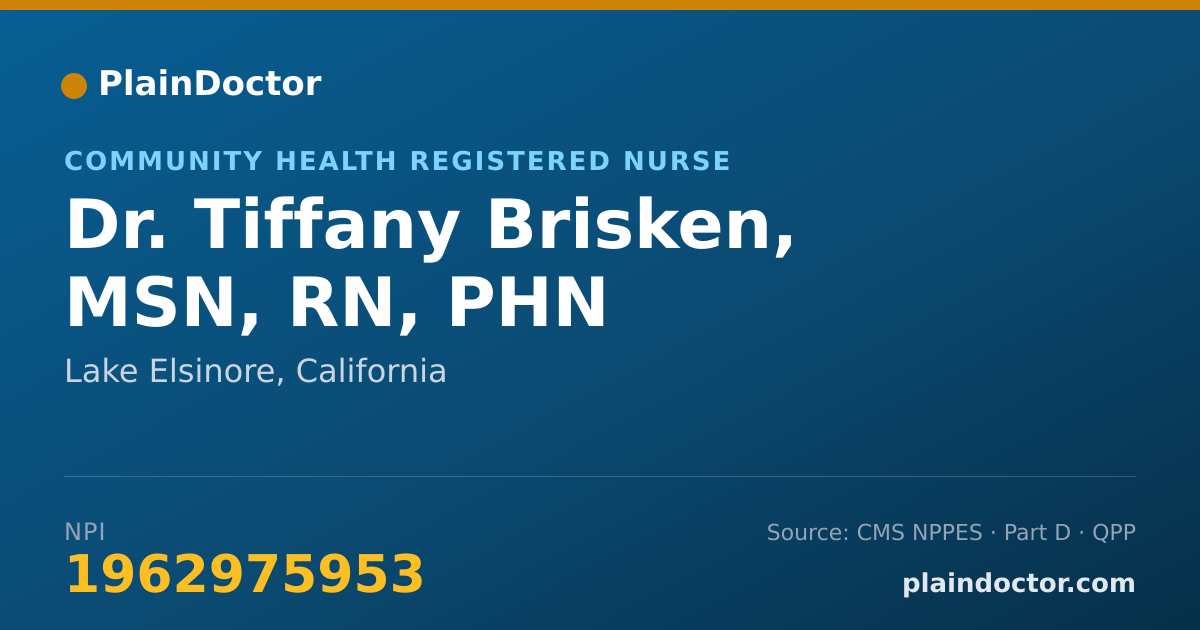 Shareable card for Tiffany Brisken, MSN, RN, PHN - Community Health Registered Nurse, Lake Elsinore, CA