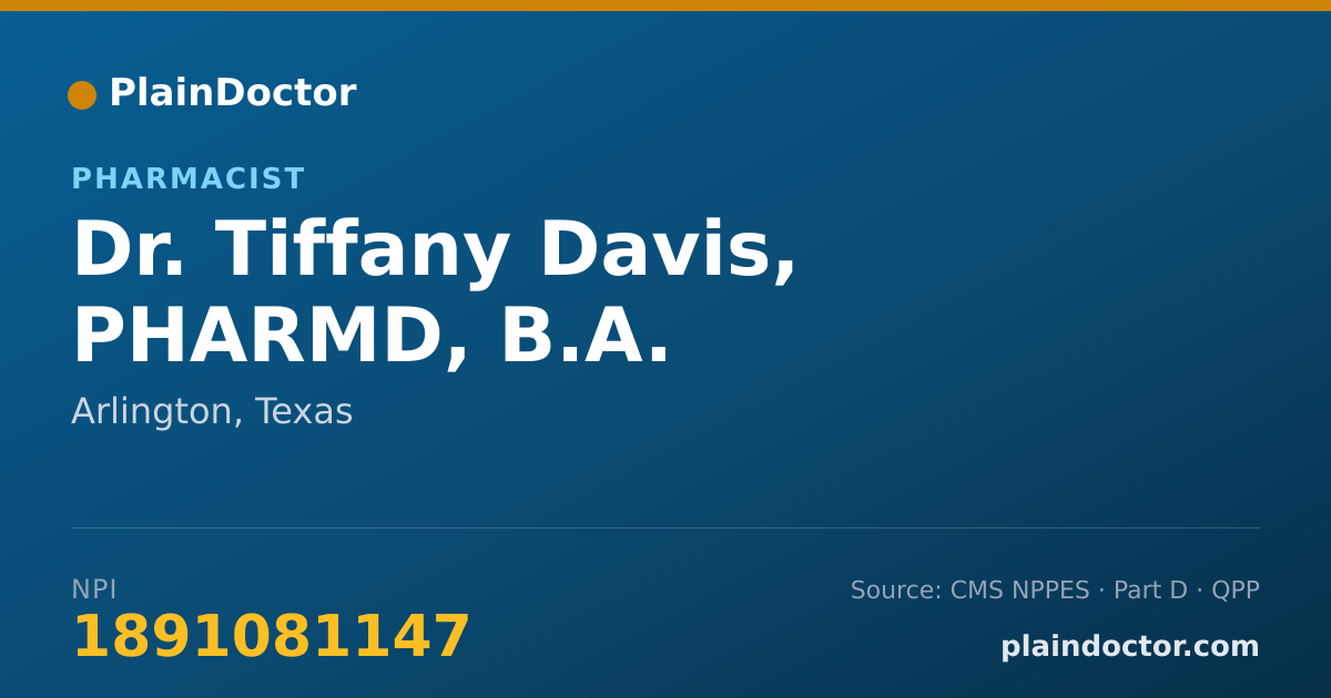 Shareable card for Tiffany Davis, PHARMD, B.A. - Pharmacist, Arlington, TX