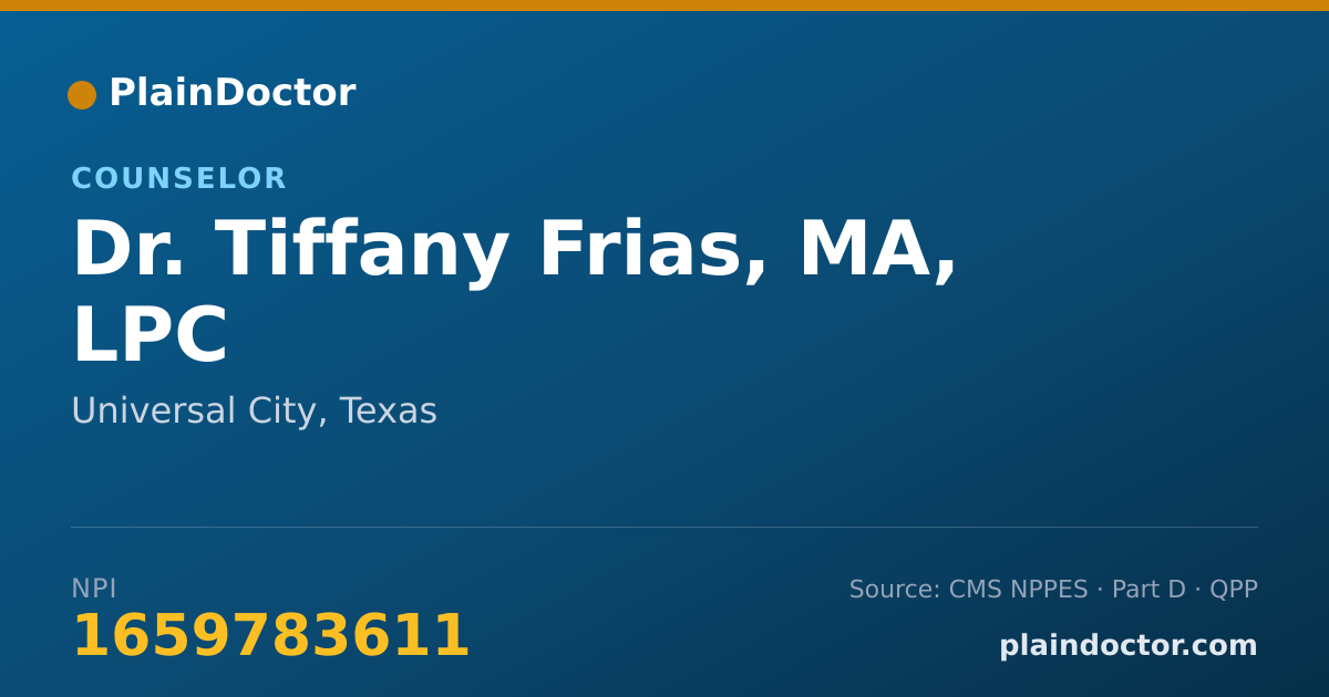 Shareable card for Tiffany Frias, MA, LPC - Counselor, Universal City, TX