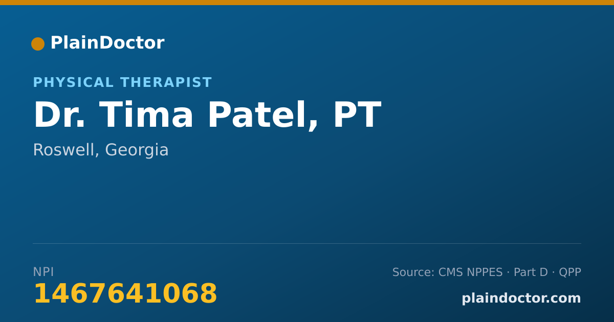 Shareable card for Tima Patel, PT - Physical Therapist, Roswell, GA