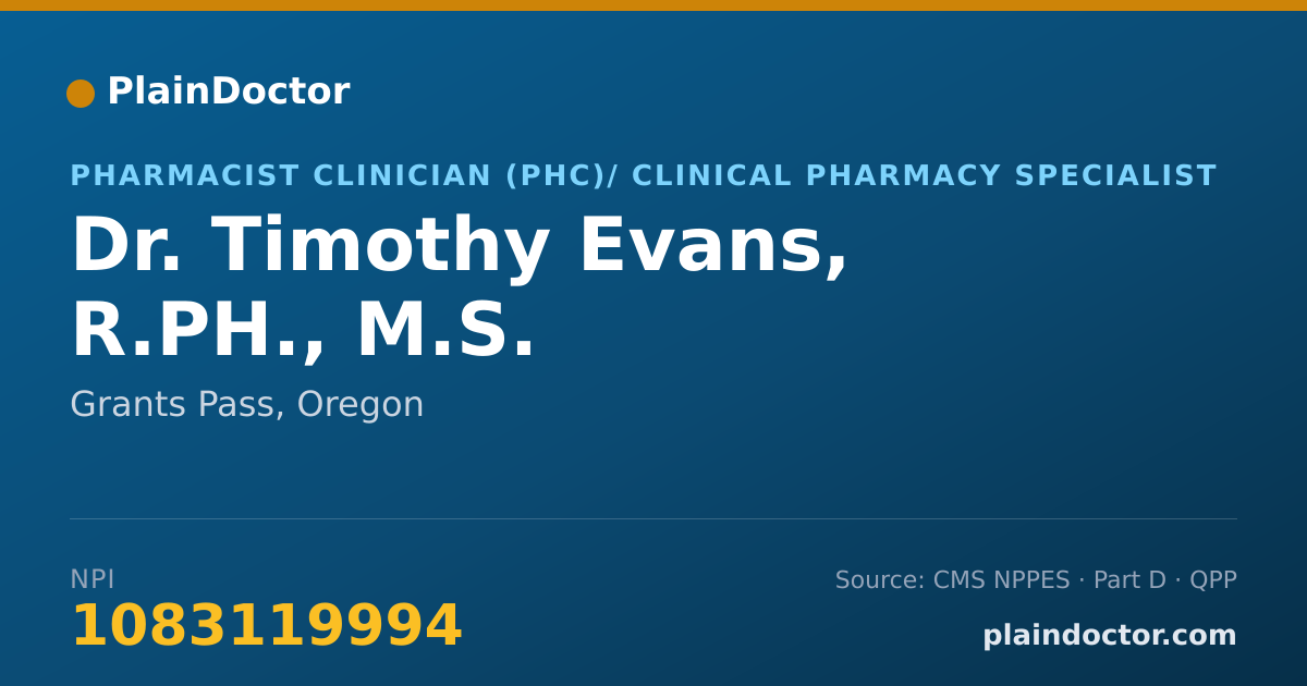 Shareable card for Timothy Evans, R.PH., M.S. - Pharmacist Clinician (PhC)/ Clinical Pharmacy Specialist, Grants Pass, OR