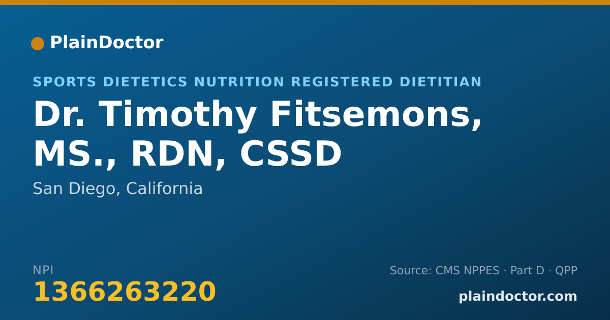 Shareable card for Timothy Fitsemons, MS., RDN, CSSD - Sports Dietetics Nutrition Registered Dietitian, San Diego, CA