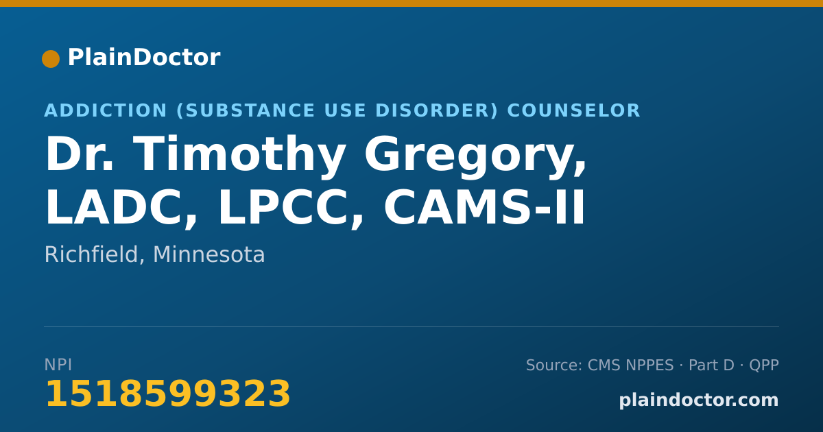 Shareable card for Timothy Gregory, LADC, LPCC, CAMS-II - Addiction (Substance Use Disorder) Counselor, Richfield, MN