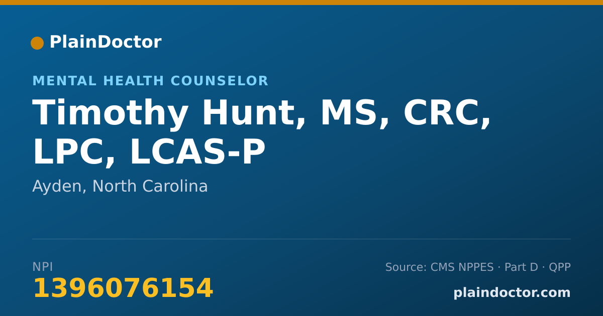 Shareable card for Timothy Hunt, MS, CRC, LPC, LCAS-P - Mental Health Counselor, Ayden, NC
