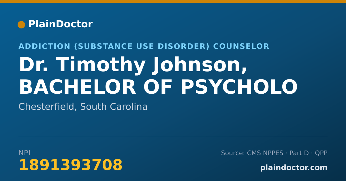 Shareable card for Timothy Johnson, BACHELOR OF PSYCHOLO - Addiction (Substance Use Disorder) Counselor, Chesterfield, SC