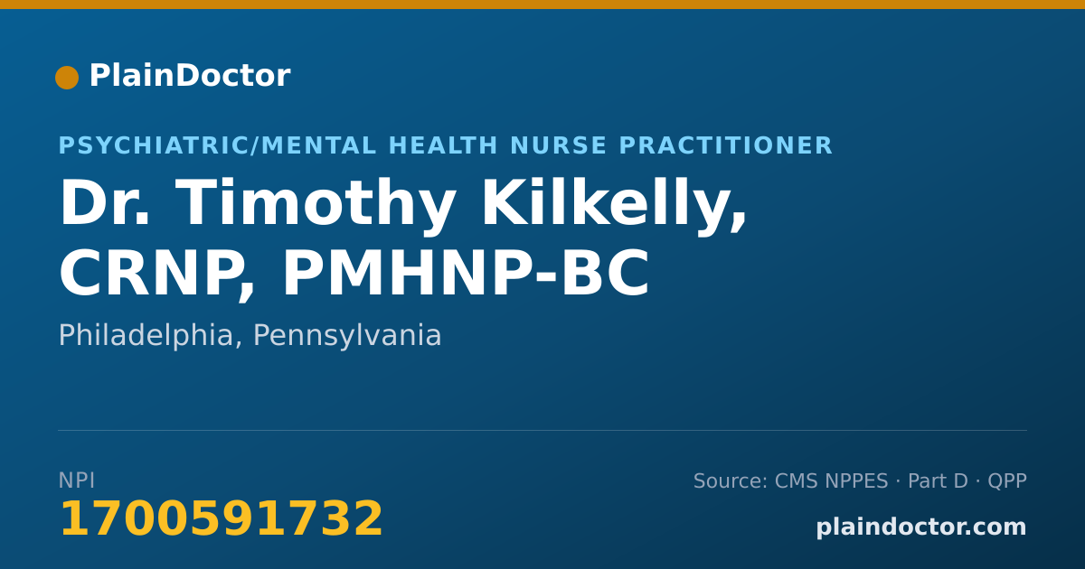 Shareable card for Timothy Kilkelly, CRNP, PMHNP-BC - Psychiatric/Mental Health Nurse Practitioner, Philadelphia, PA