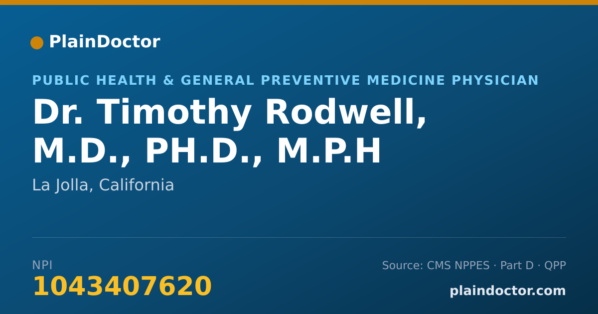 Shareable card for Timothy Rodwell, M.D., PH.D., M.P.H - Public Health & General Preventive Medicine Physician, La Jolla, CA