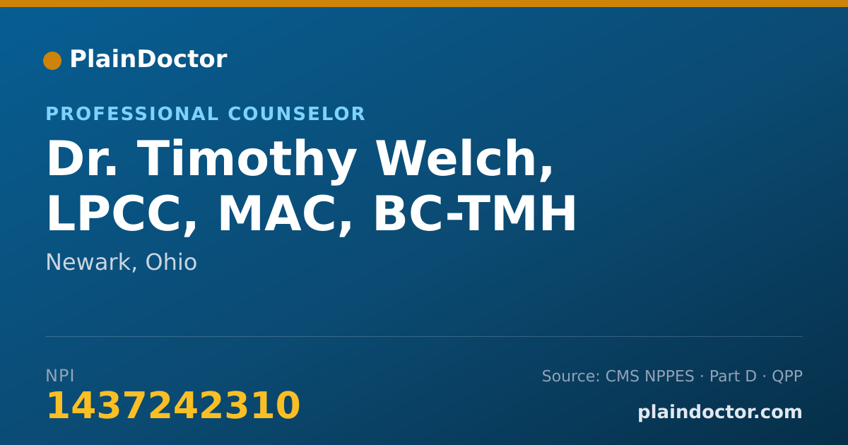 Shareable card for Timothy Welch, LPCC, MAC, BC-TMH - Professional Counselor, Newark, OH
