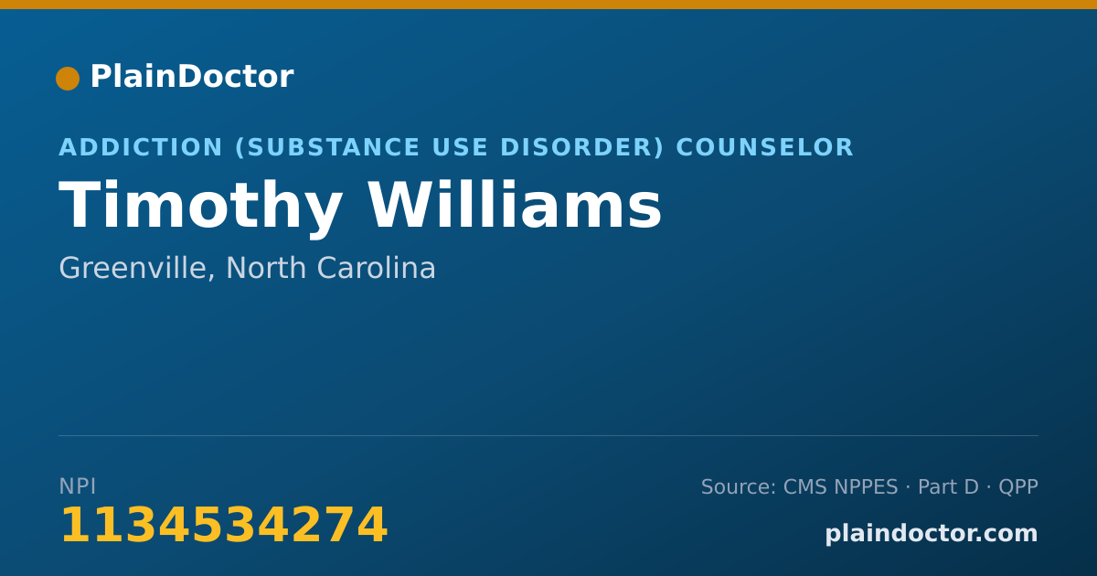 Shareable card for Timothy Williams - Addiction (Substance Use Disorder) Counselor, Greenville, NC