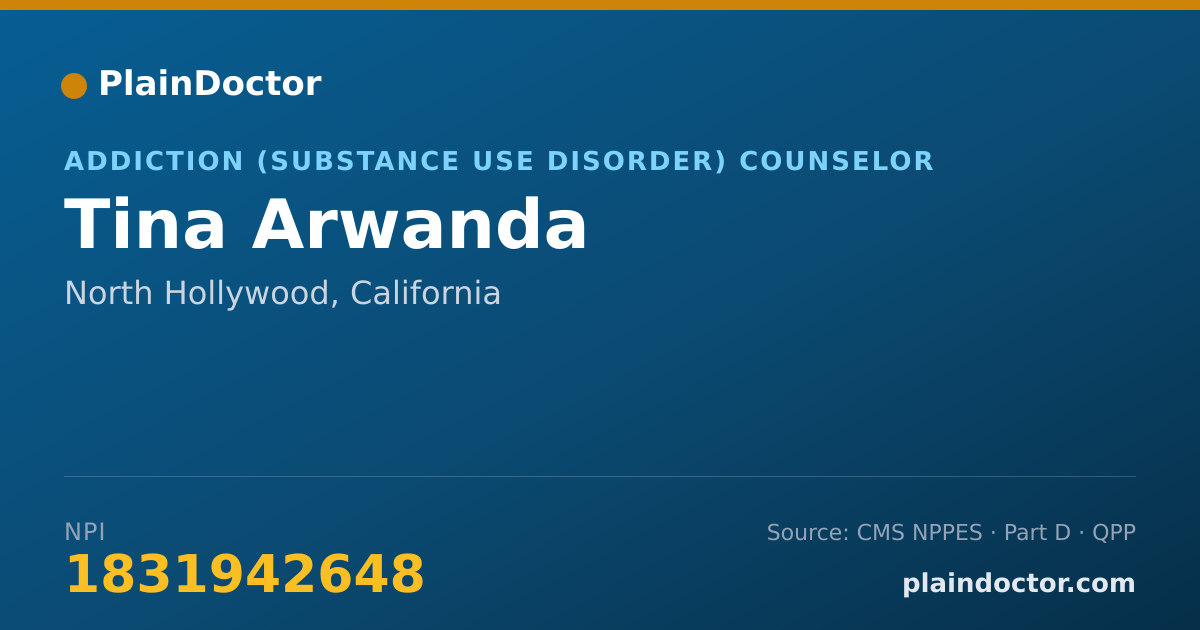Shareable card for Tina Arwanda - Addiction (Substance Use Disorder) Counselor, North Hollywood, CA