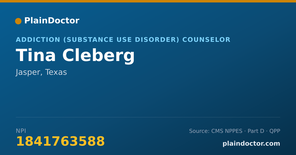 Shareable card for Tina Cleberg - Addiction (Substance Use Disorder) Counselor, Jasper, TX
