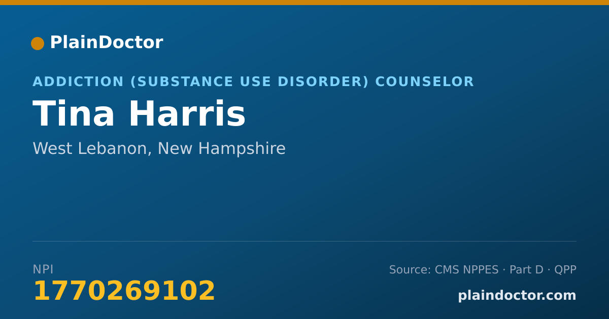 Shareable card for Tina Harris - Addiction (Substance Use Disorder) Counselor, West Lebanon, NH