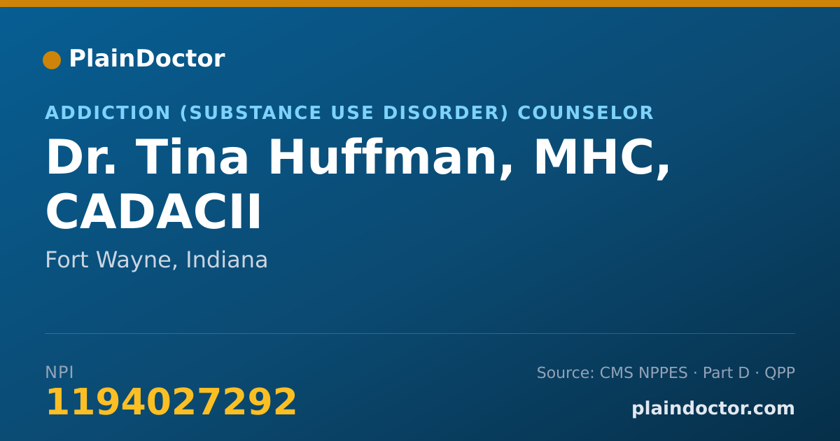 Shareable card for Tina Huffman, MHC, CADACII - Addiction (Substance Use Disorder) Counselor, Fort Wayne, IN