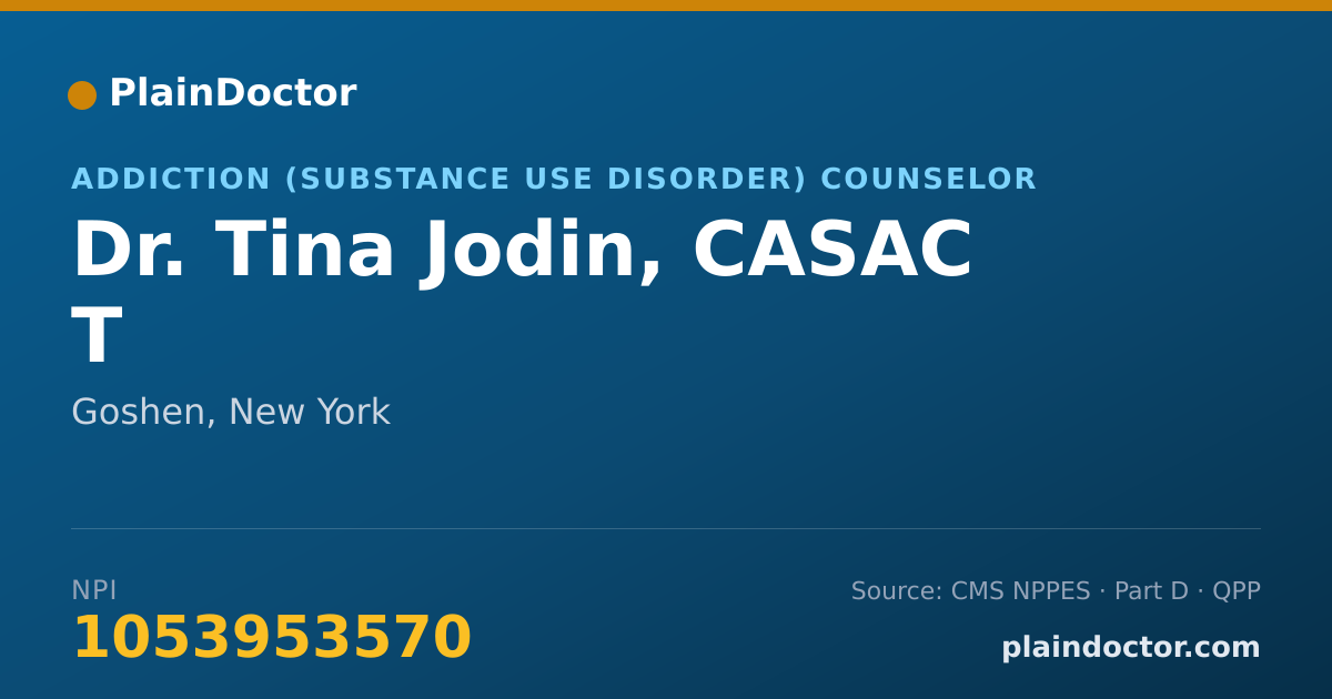 Shareable card for Tina Jodin, CASAC T - Addiction (Substance Use Disorder) Counselor, Goshen, NY