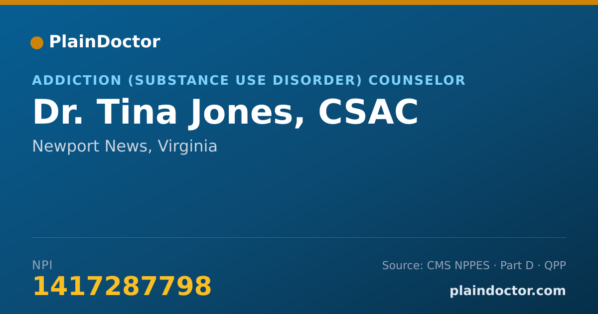 Shareable card for Tina Jones, CSAC - Addiction (Substance Use Disorder) Counselor, Newport News, VA