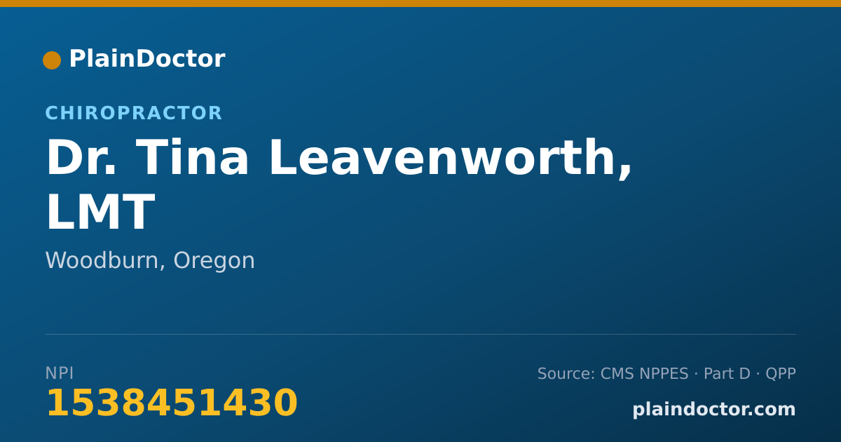 Shareable card for Tina Leavenworth, LMT - Chiropractor, Woodburn, OR