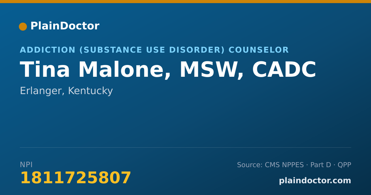 Shareable card for Tina Malone, MSW, CADC - Addiction (Substance Use Disorder) Counselor, Erlanger, KY
