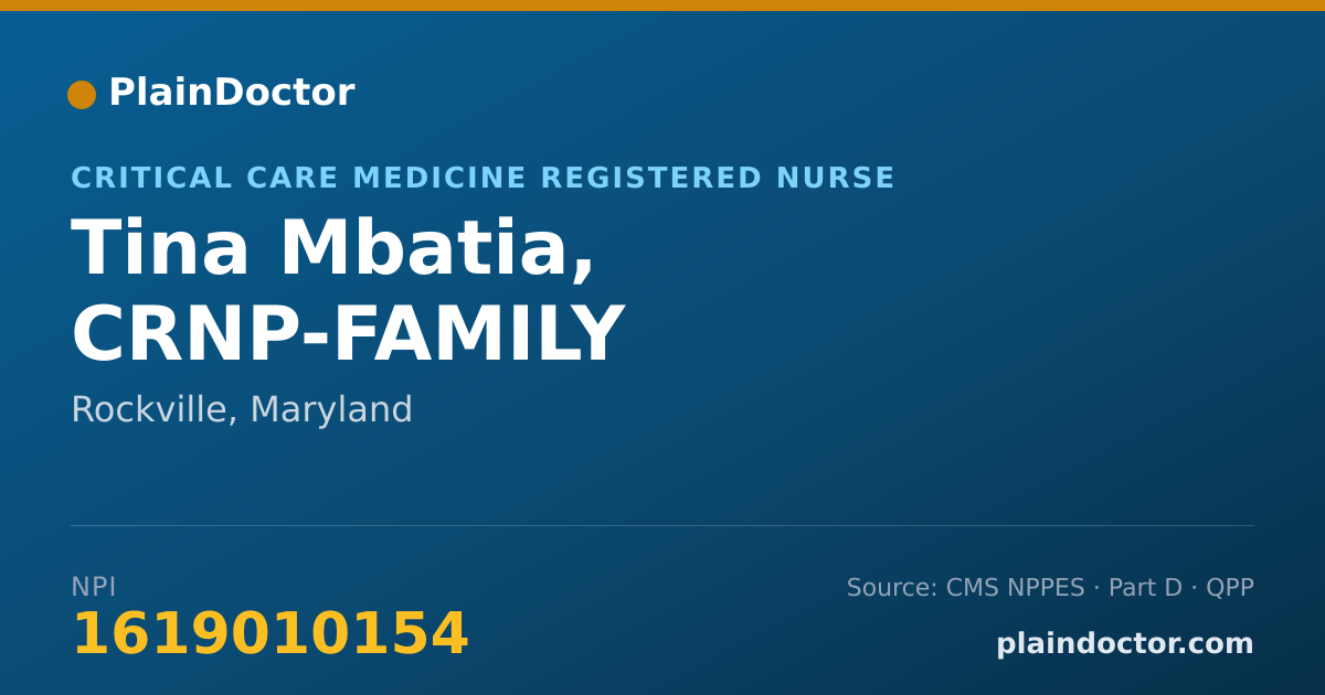 Shareable card for Tina Mbatia, CRNP-FAMILY - Critical Care Medicine Registered Nurse, Rockville, MD