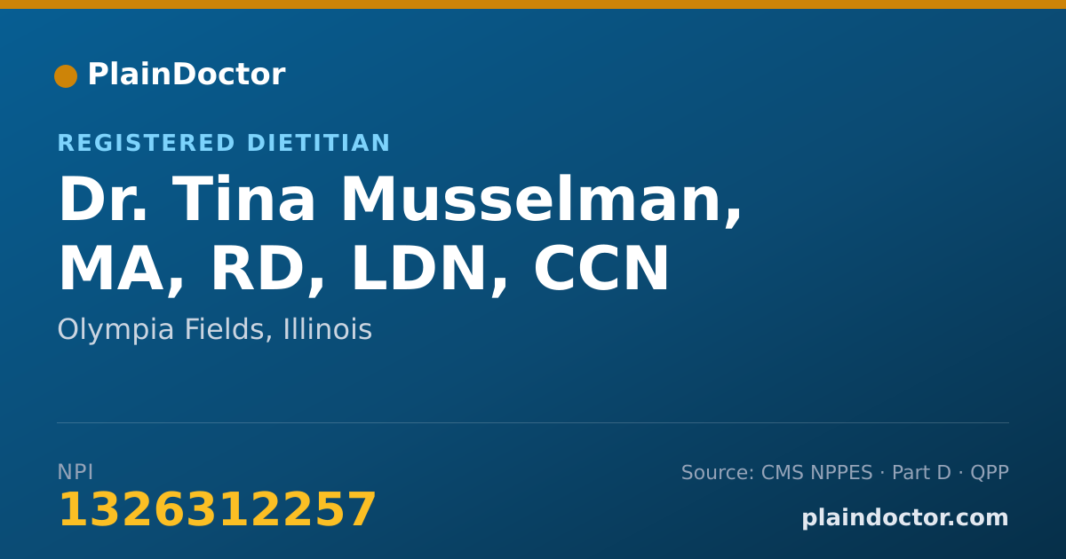 Shareable card for Tina Musselman, MA, RD, LDN, CCN - Registered Dietitian, Olympia Fields, IL