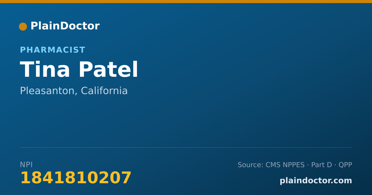 Shareable card for Tina Patel - Pharmacist, Pleasanton, CA