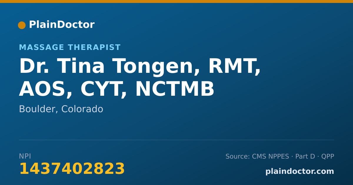 Shareable card for Tina Tongen, RMT, AOS, CYT, NCTMB - Massage Therapist, Boulder, CO