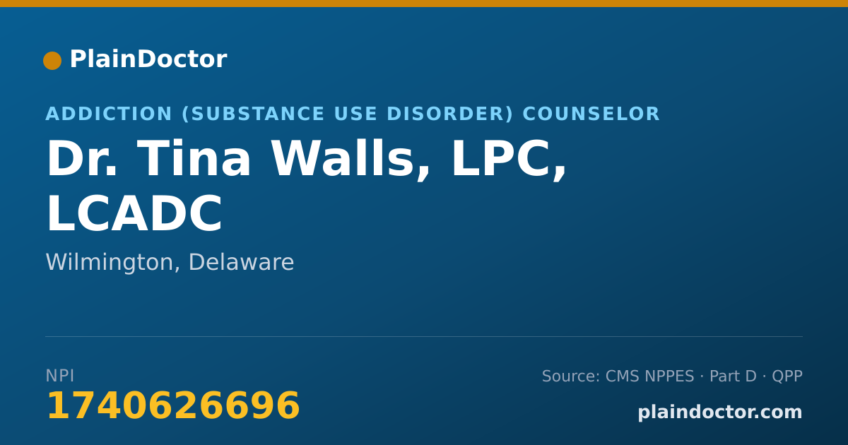 Shareable card for Tina Walls, LPC, LCADC - Addiction (Substance Use Disorder) Counselor, Wilmington, DE