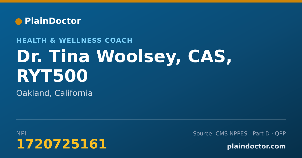 Shareable card for Tina Woolsey, CAS, RYT500 - Health & Wellness Coach, Oakland, CA