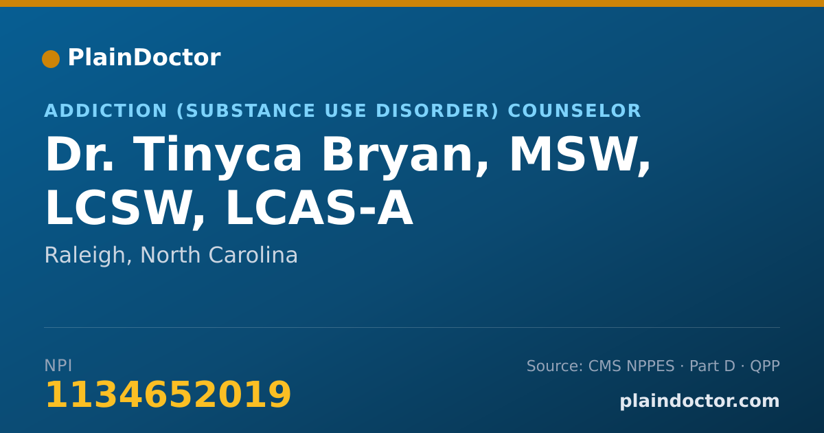 Shareable card for Tinyca Bryan, MSW, LCSW, LCAS-A - Addiction (Substance Use Disorder) Counselor, Raleigh, NC