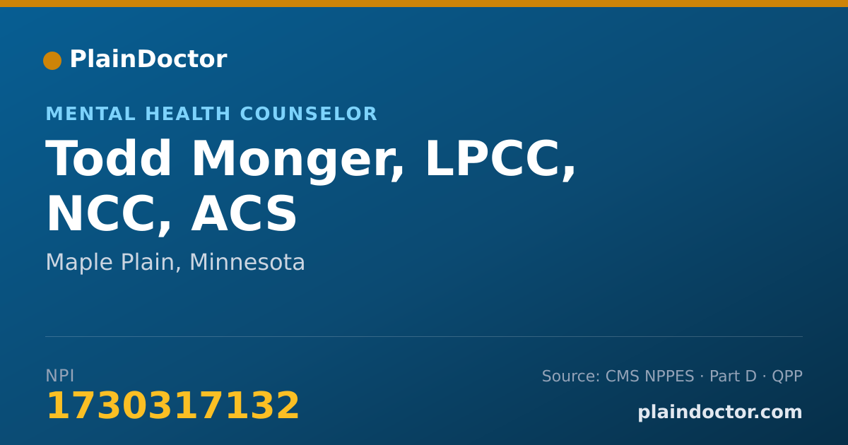 Shareable card for Todd Monger, LPCC, NCC, ACS - Mental Health Counselor, Maple Plain, MN