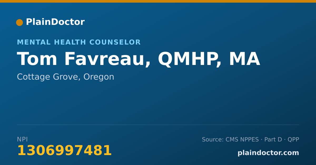 Shareable card for Tom Favreau, QMHP, MA - Mental Health Counselor, Cottage Grove, OR